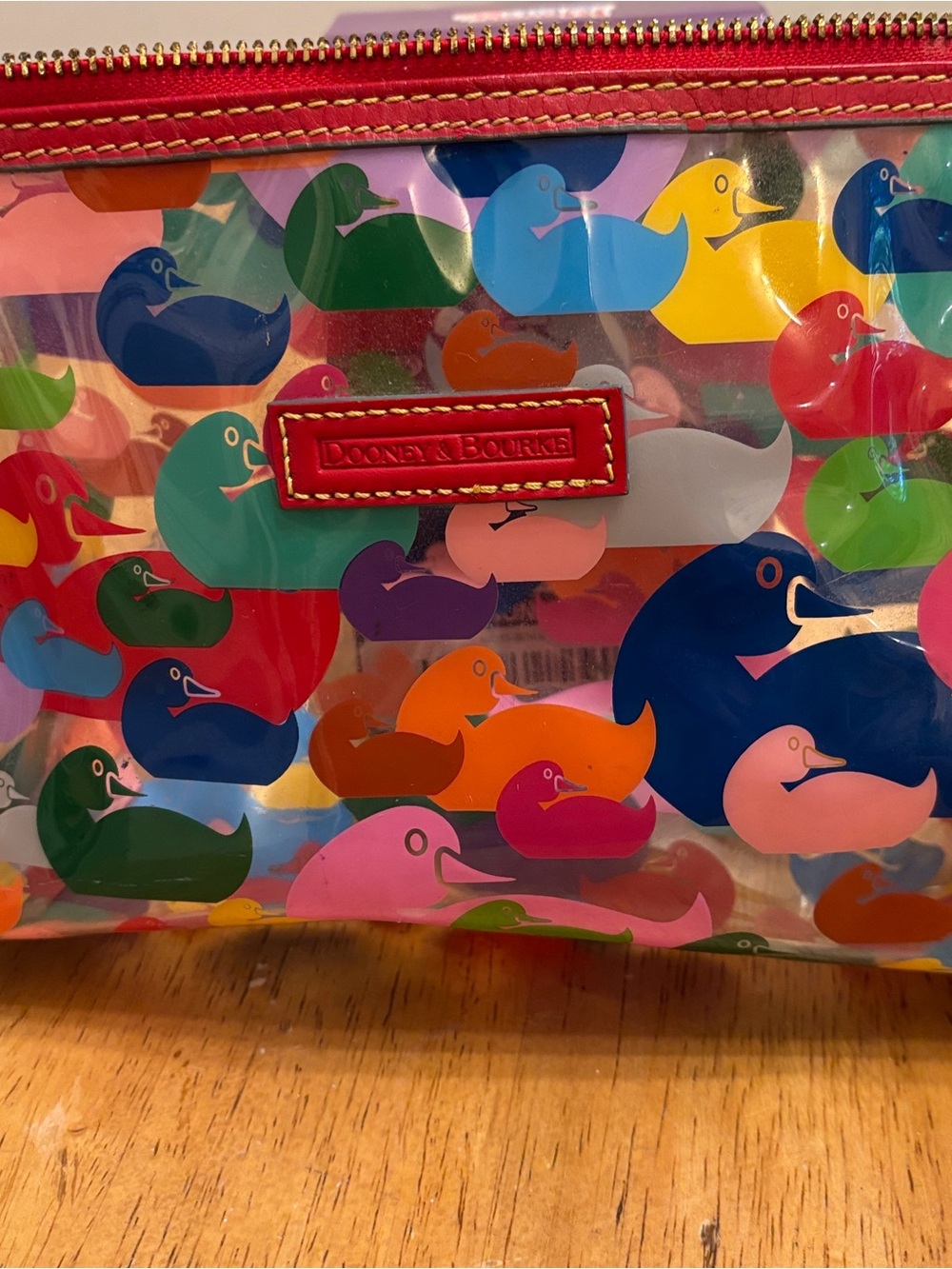 Vintage Dooney & Bourke Multicolor Duck-Print Clear Cosmetic Pouch with Red Trim